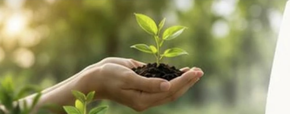 Two hands holding a young seedling in fresh soil