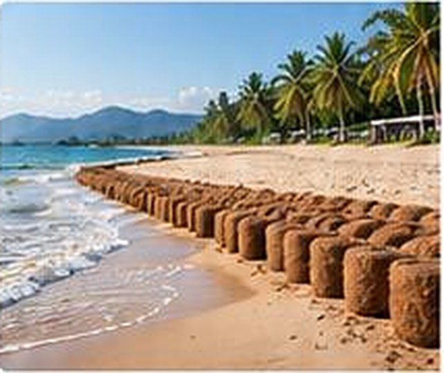 Coir logs along a sandy beach
