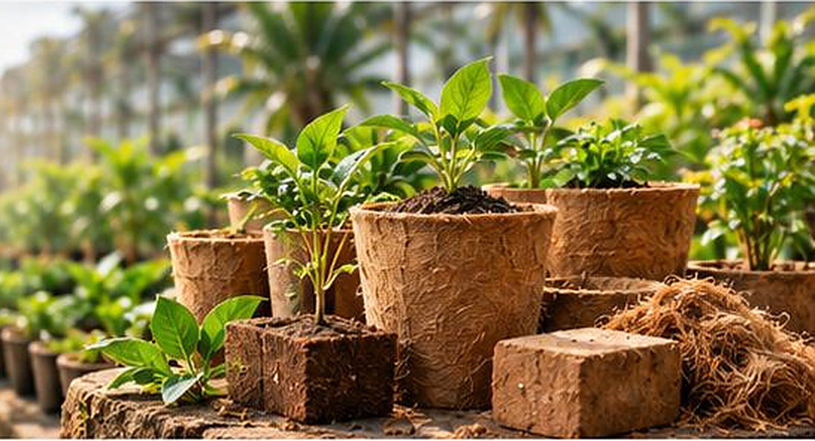 Coir pots, coco peat blocks and young plants in a sunlit nursery
