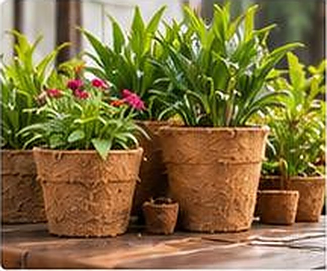 Potted plants in coir pots on a wooden table