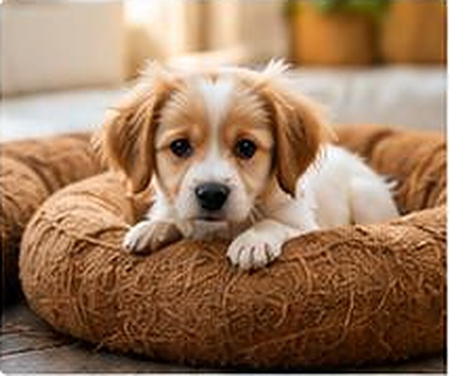 Puppy resting on a woven coir pet bed