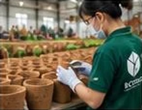 Quality staff inspecting finished coir pots