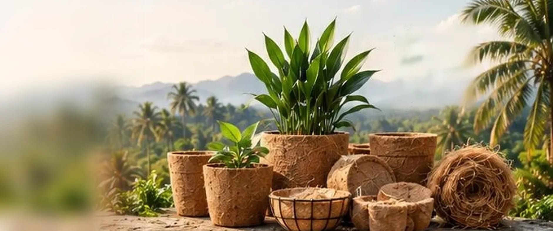 Coir pots, plants and coir rolls on a table overlooking palm trees and misty hills
